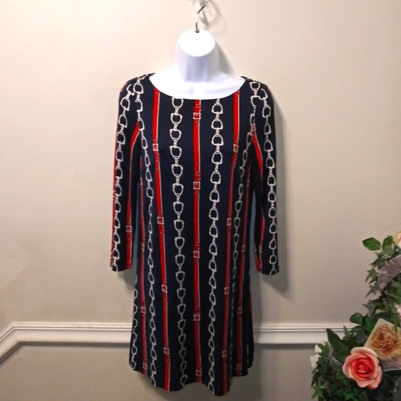 Juicy Couture 2012 English Snaffle Red & Navy Equestrian Print Silk Sheath Dress - Picture 2 of 11